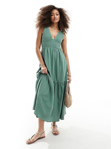 ASOS DESIGN v-neck crinkle midi sundress with tiered skirt in khaki