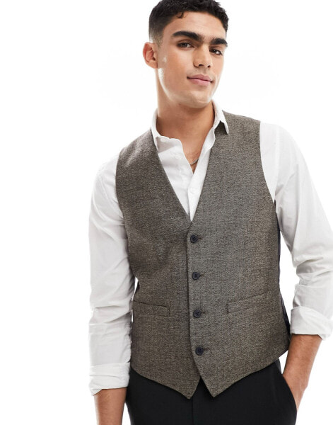 French Connection herringbone suit waistcoat in tan