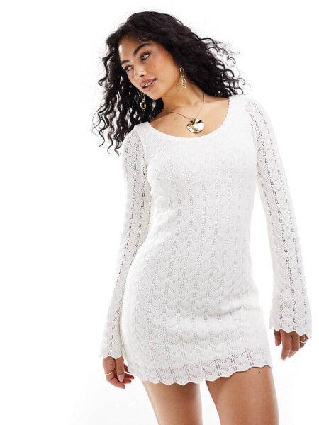 Hollister long sleeve crochet mini dress in white with support bra