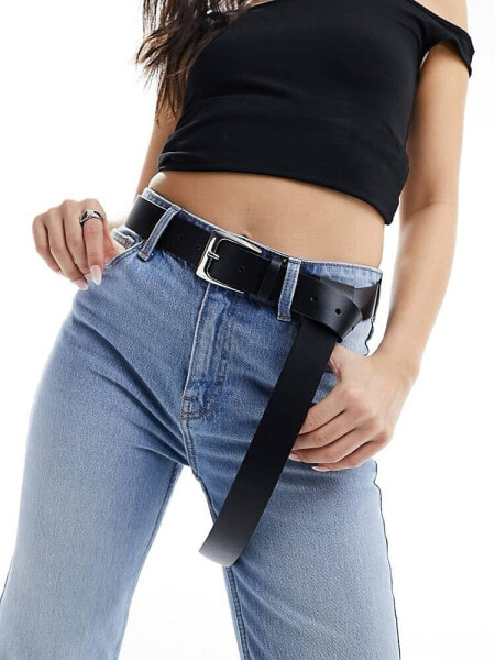 ASOS DESIGN rectangular buckle long boyfriend belt in black 