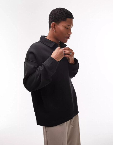 Topman long sleeve relaxed sweatshirt polo in black - BLACK