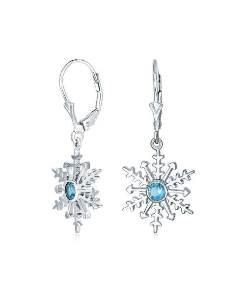 Winter Party Holiday Christmas Drop Lever back Clear Star Ice Blue Snowflake Dangle Earrings For Women Teen .925 Sterling Silver