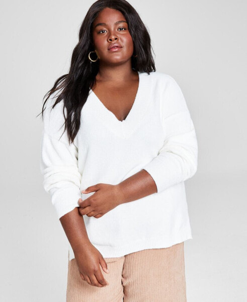 Trendy Plus Size V-Neck Drop-Shoulder Sweater