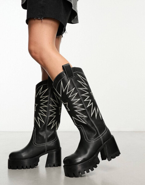 ASOS DESIGN Cosmic leather cleated western knee boots in black