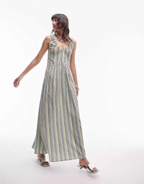 Topshop ruched neck maxi dress in green stripe