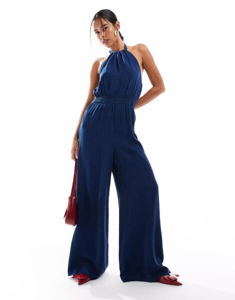 Mango halterneck denim look jumpsuit in dark blue