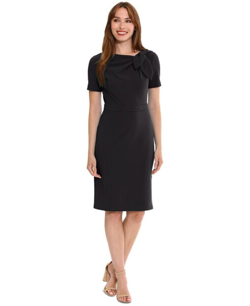 Petite Solid Bow-Neck Short-Sleeve Sheath Dress