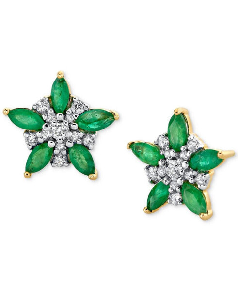Emerald (1 ct. t.w.) & Diamond (1/5 ct. t.w.) Flower Stud Earrings in 14k Gold