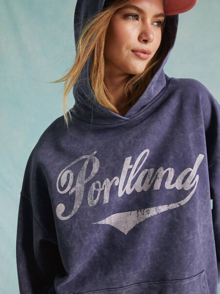 Miss Selfridge oversized washed graphic print Portland hoodie in indigo