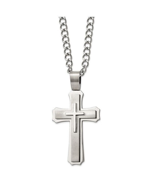 Brushed Large Cross Pendant Curb Chain Necklace