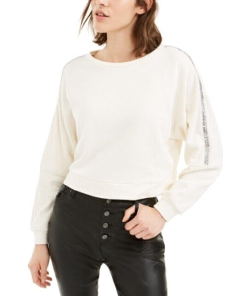 Bar III Women's Cotton Shine Stripe Sweatshirt Egret L