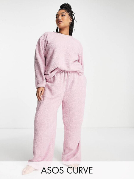 ASOS DESIGN Curve lounge borg sweat & trouser set in pink