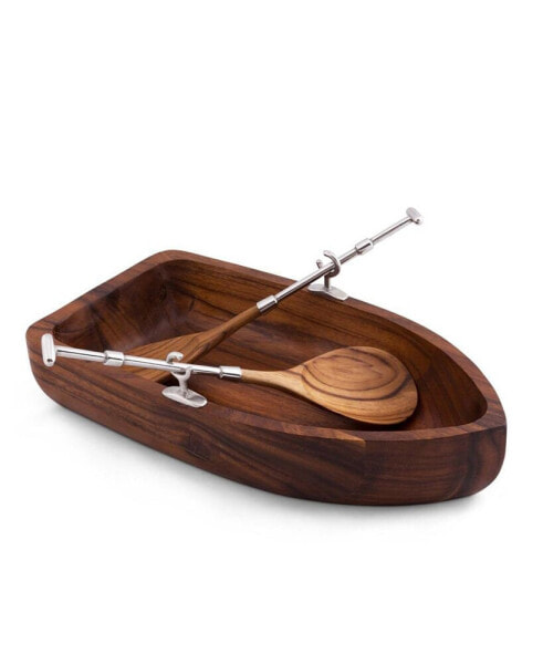Row Boat Shaped Acacia Wood Salad Bowl with Matching Oar Severs Set