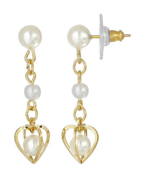 Women's 14K Gold-tone Double Imitation Pearl Drop Heart Earring