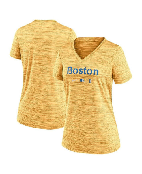 Women's Gold Boston Red Sox MLB City Connect Velocity Space-Dye Performance V-Neck T-shirt