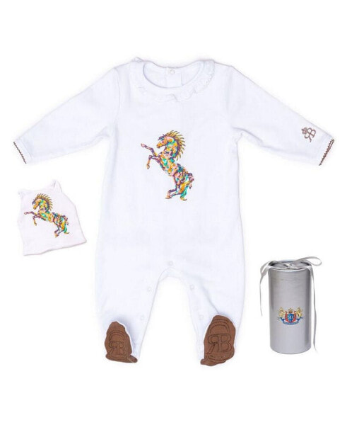 Baby Royal Baby Horse Print Organic Cotton Gloved Footed Coverall With Hat in Gift Box