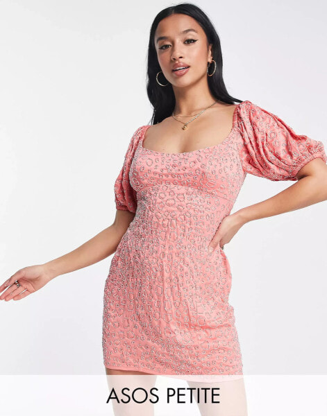 ASOS DESIGN Petite – Mit Pailletten verziertes Minikleid in Pfirsich mit Puffärmeln