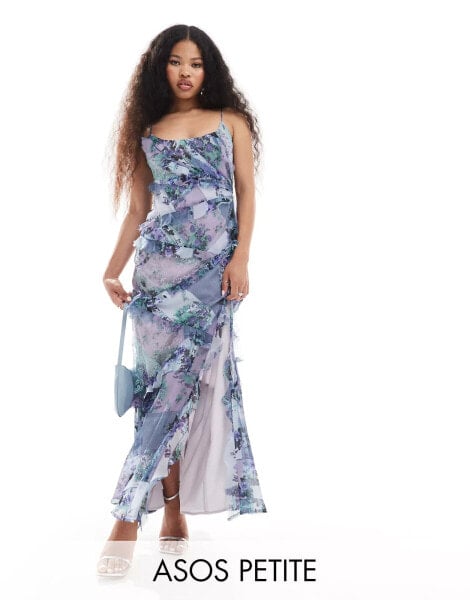 ASOS DESIGN Petite cami bias maxi dress with ruffles with patched lace in blue mixed floral print