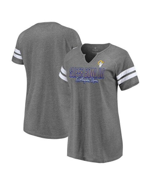 Women's Heathered Charcoal Los Angeles Rams Super Bowl LVI Bound Fade Script Stripe Notch Neck T-shirt