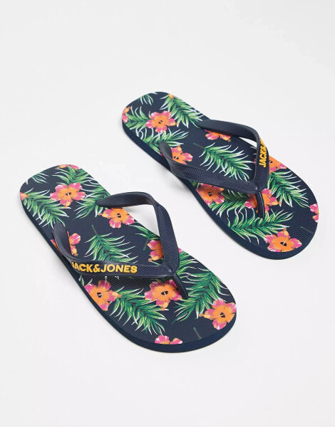 Jack & Jones floral logo flip flops in navy