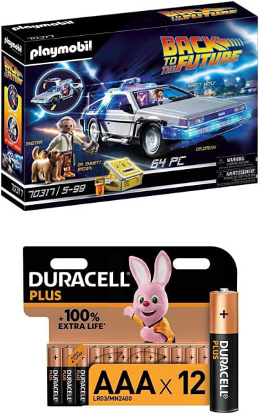 Playmobil Back to the Future 70317 DeLorean with Light Effects, from 6 Years + Duracell Plus AAA Alkaline Batteries, Pack of 12