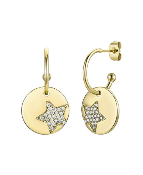 14k Gold Plated with Cubic Zirconia Star Medallion Charm C-Hoop Earrings