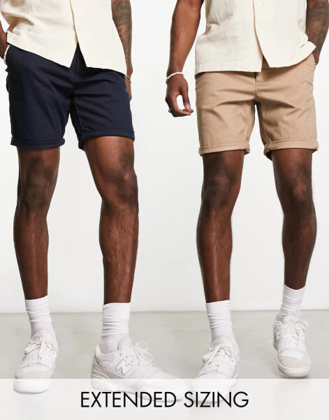 ASOS DESIGN – 2er-Pack mittellange Chino-Shorts mit schmalem Schnitt in Steinbeige und Marineblau