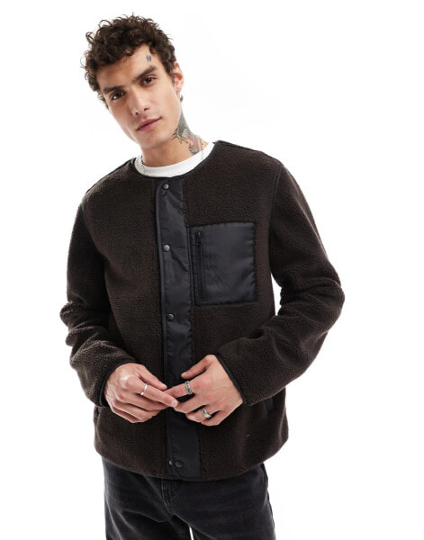 ASOS DESIGN zip through fleece jacket with pocket in brown