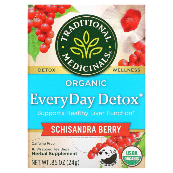 Травяной чай без кофеина Organic EveryDay Detox, с Шизандрией, 16 заварочных пакетиков, 24 г, Traditional Medicinals