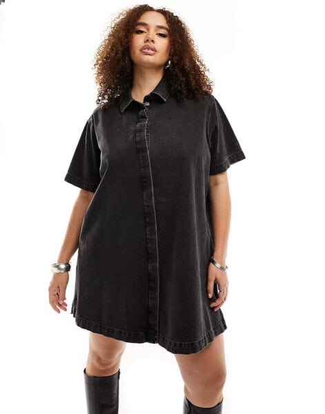 ASOS DESIGN Curve short sleeve denim shirt dress in wash black