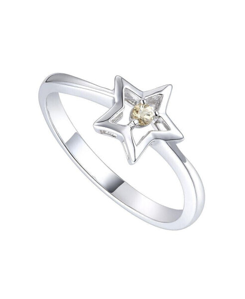 Sterling Silver White Gold Plated with Yellow Tourmaline Gemstone Star Ring