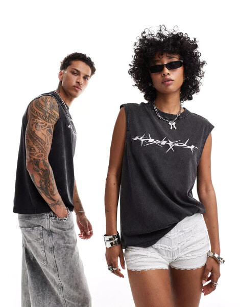 Weekday Unisex boxy tank top with barbed wire text graphic print in black exclusive at ASOS