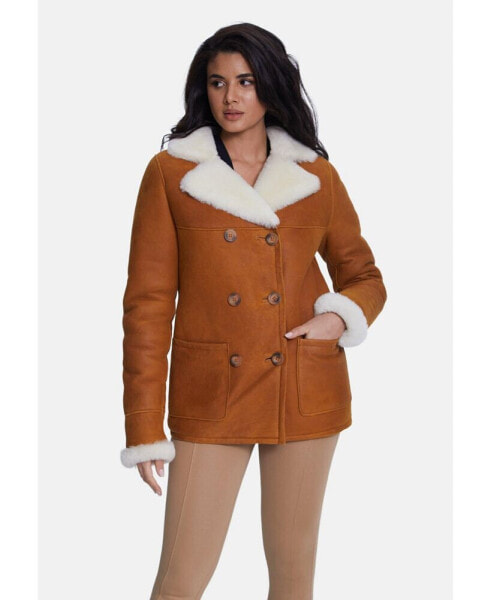 Women's Shearling Peacoat, Washed Whisky with White Wool