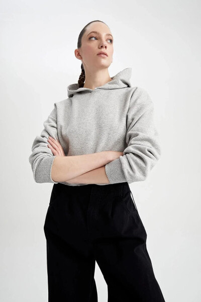 Kapüşonlu Basic Crop Sweatshirt