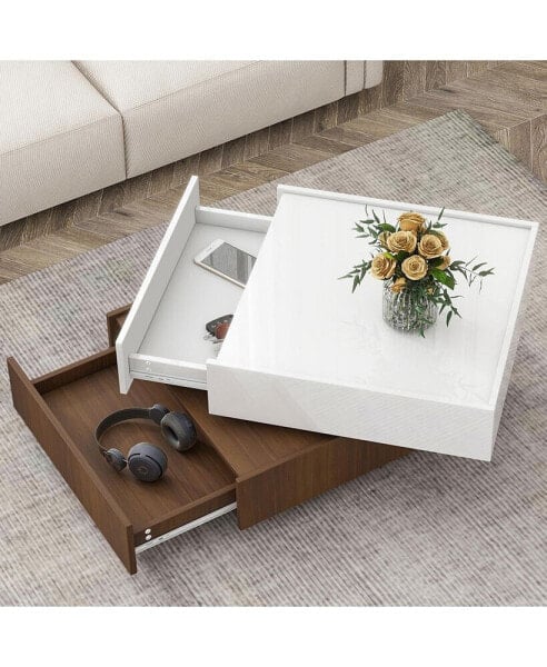 360° Rotatable Coffee Table with 2 Drawers