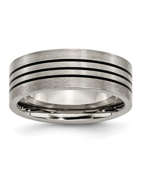 Titanium Satin Black Enamel Striped Flat Wedding Band Ring