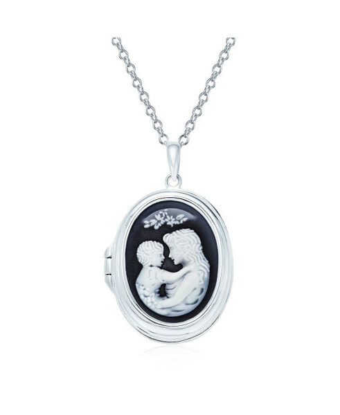 Victorian Style Black White Carved Mother and Child Loving Cameo Photo Locket Pendant Son Daughter Necklace Sterling Silver Women Hold Picture