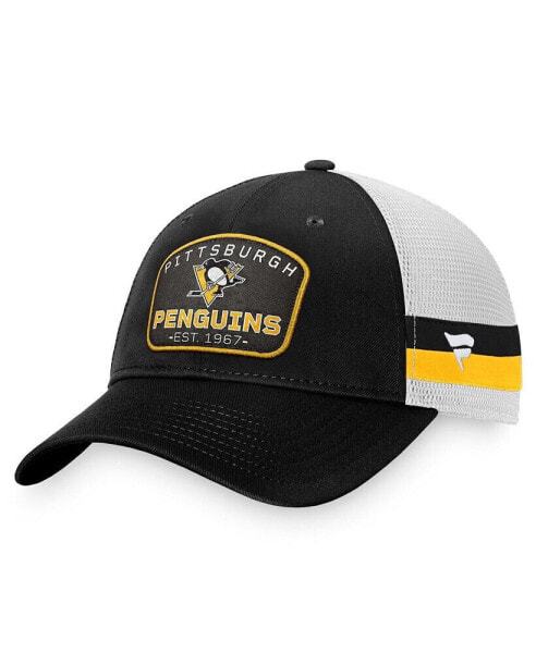 Men's Black, White Pittsburgh Penguins Fundamental Striped Trucker Adjustable Hat