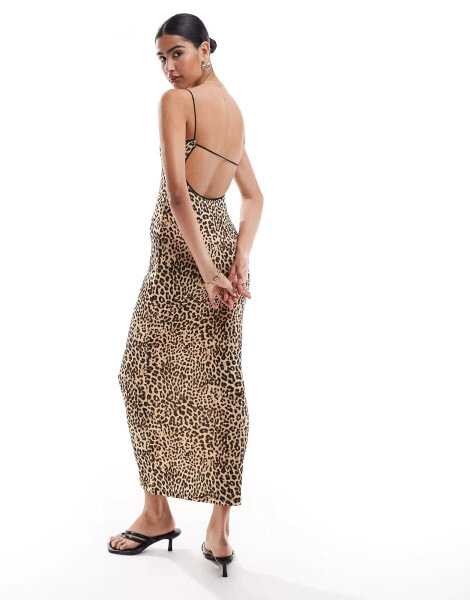 Bershka contrast trim strappy maxi dress in leopard print