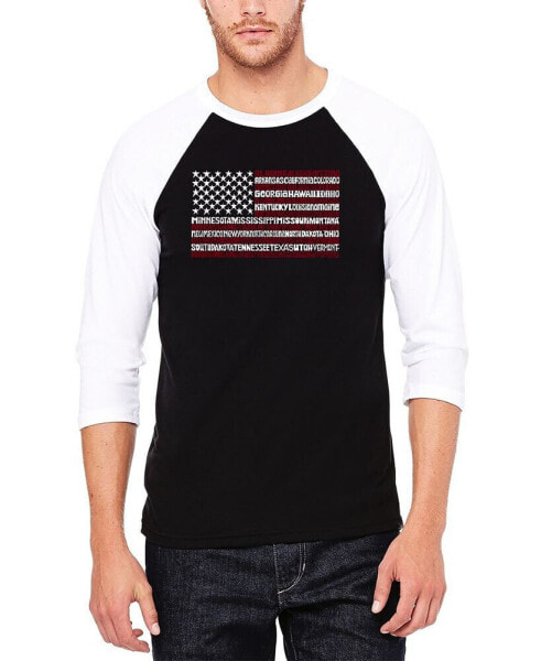 Men's Raglan Baseball 3/4 Sleeve 50 States USA Flag Word Art T-shirt