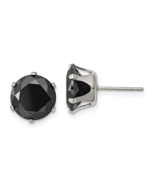 Stainless Steel Polished Black Round CZ Stud Earrings