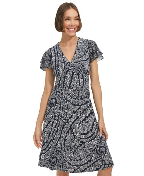Women's Paisley-Print V-Neck Flutter-Sleeve Dress