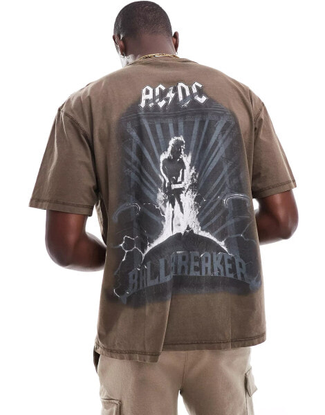 Pull&Bear ACDC back printed t-shirt in washed brown