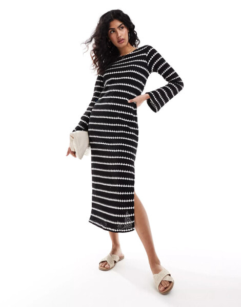 New Look stripe long sleeve midi dress in black