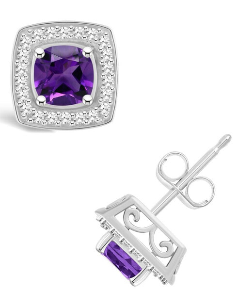 Amethyst (1 ct. t.w.) and Diamond (1/5 ct. t.w.) Halo Studs in Sterling Silver