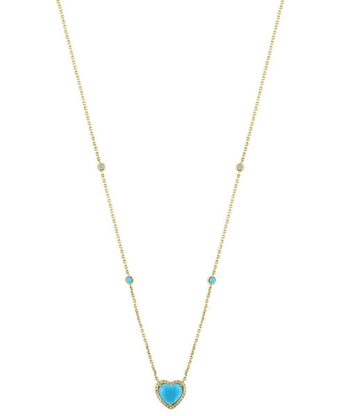 EFFY® Turquoise & Diamond (1/6 ct. t.w.) Heart Halo Pendant Necklace in 14k Gold, 16" + 2" extender