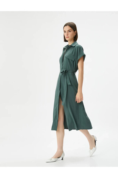 Платье женское Koton Midi С рукавом короткий, на пуговицах, с карманами, с поясом Воротник классический