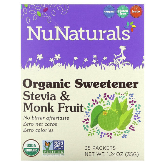 NuNaturals, Органический подсластитель, стевия и архат, 35 пакетиков