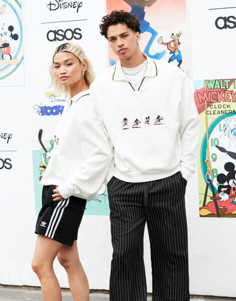 ASOS DESIGN Disney unisex oversized polo sweatshirt with Mickey Mouse print in white