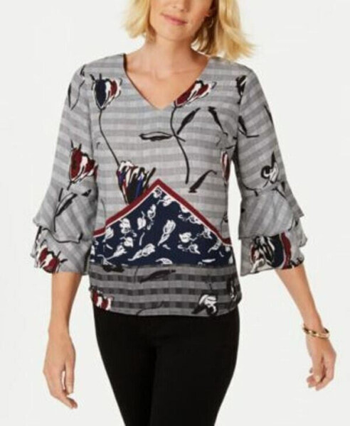 NY Collection Petite Flounce Sleeve Blouse V Neck Printed Gray MultiPL